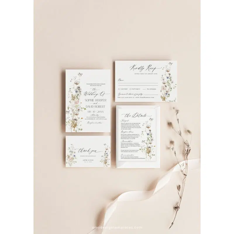 Minimalist wildflower wedding invitation suite with white flowers, eucalyptus, dried botanicals, and formal layout in elegant printable templates.