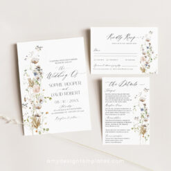 Wildflower Wedding Invitation Suite Template, Botanical Wildflower Wedding Invitation Card, Elegant Wedding Invite Template Editable D028