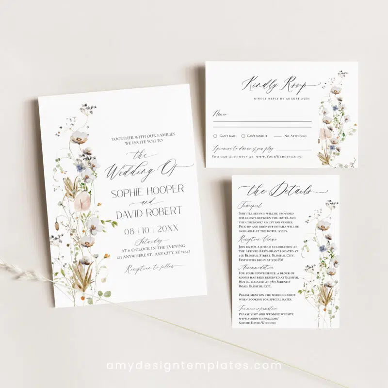 Minimalist wildflower wedding invitation suite with white flowers, eucalyptus, dried botanicals, and formal layout in elegant printable templates.