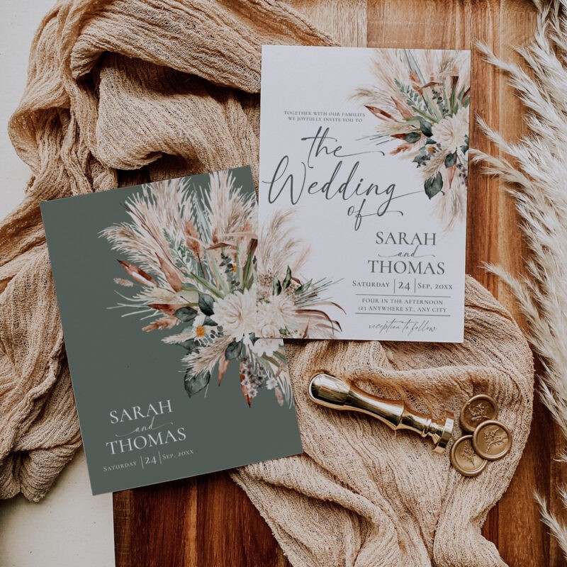 Elegant Sage Green Boho Wedding Invitation – Charming Rustic Wedding Suite E008 Boho sage green wedding invitation suite featuring pampas grass and dried flowers, with RSVP, detail, and wishing well cards, editable with QR code.