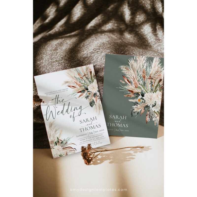 Elegant Sage Green Boho Wedding Invitation – Charming Rustic Wedding Suite E008 Boho sage green wedding invitation suite featuring pampas grass and dried flowers, with RSVP, detail, and wishing well cards, editable with QR code.