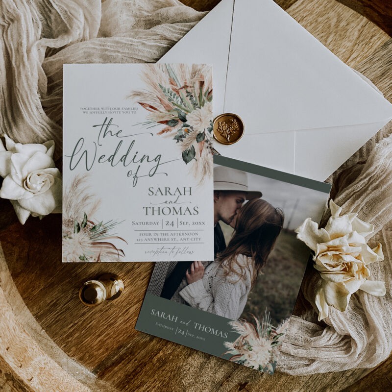 Elegant Sage Green Boho Wedding Invitation – Charming Rustic Wedding Suite E008 Boho sage green wedding invitation suite featuring pampas grass and dried flowers, with RSVP, detail, and wishing well cards, editable with QR code.