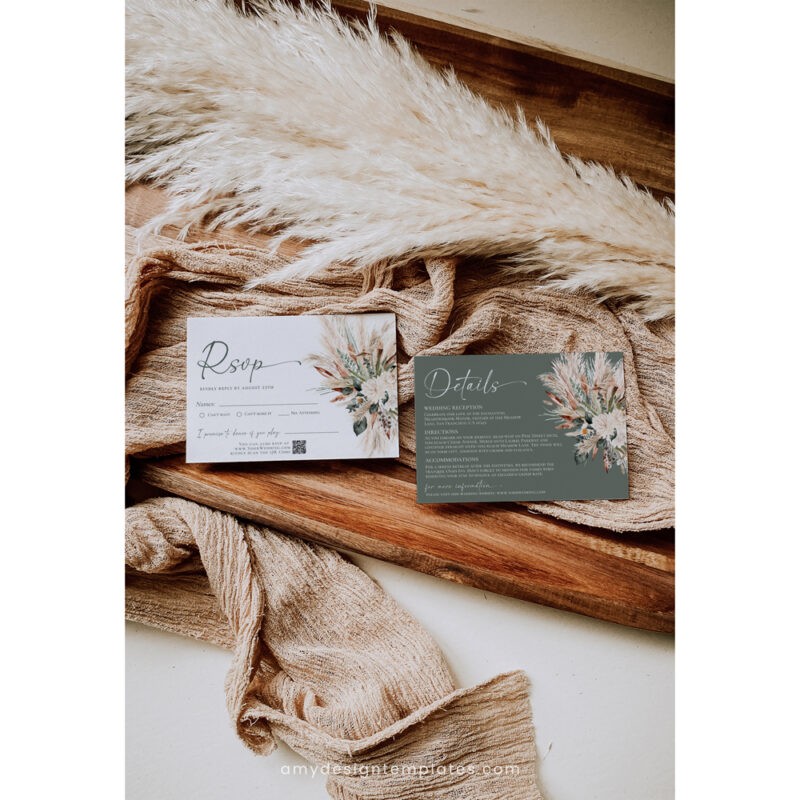 Elegant Sage Green Boho Wedding Invitation – Charming Rustic Wedding Suite E008 Boho sage green wedding invitation suite featuring pampas grass and dried flowers, with RSVP, detail, and wishing well cards, editable with QR code.