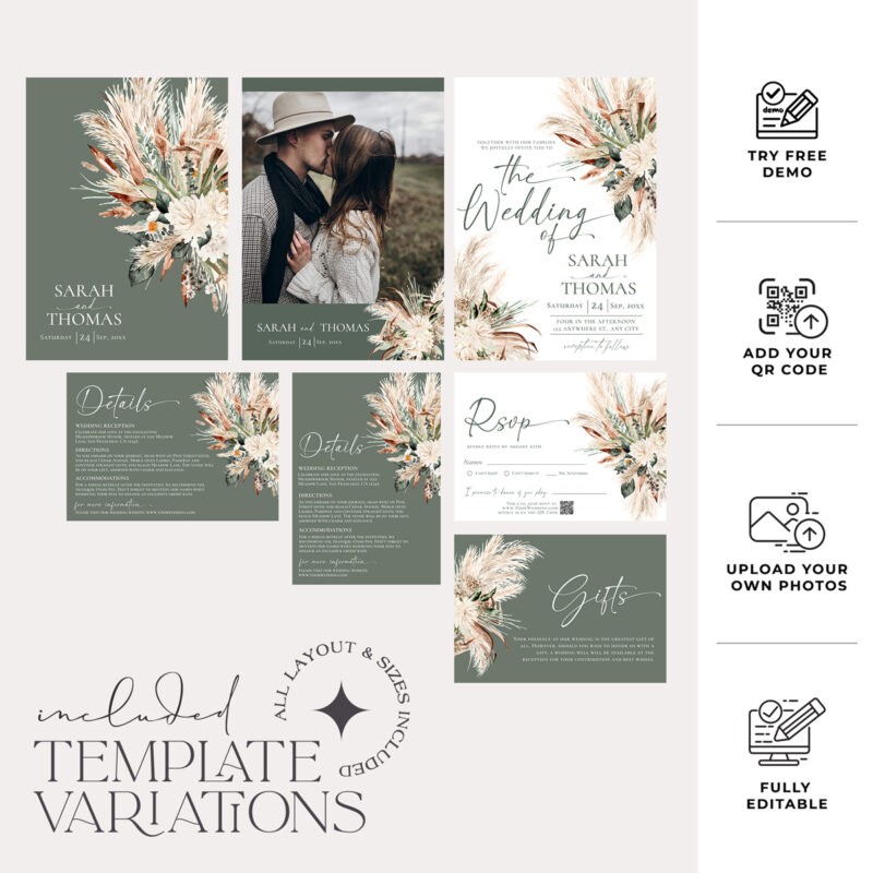 Elegant Sage Green Boho Wedding Invitation – Charming Rustic Wedding Suite E008 Boho sage green wedding invitation suite featuring pampas grass and dried flowers, with RSVP, detail, and wishing well cards, editable with QR code.