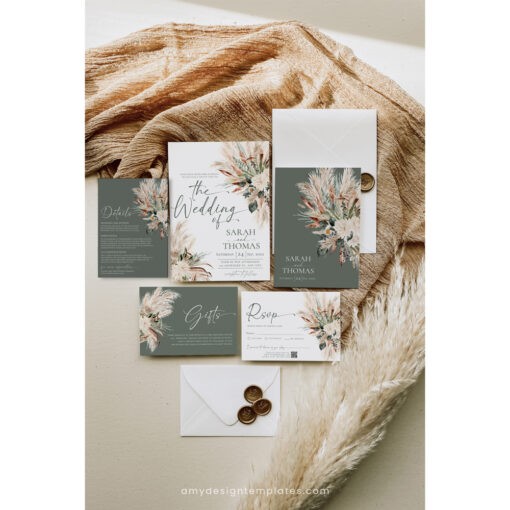 Sage Green Wedding Invitation Set Templates