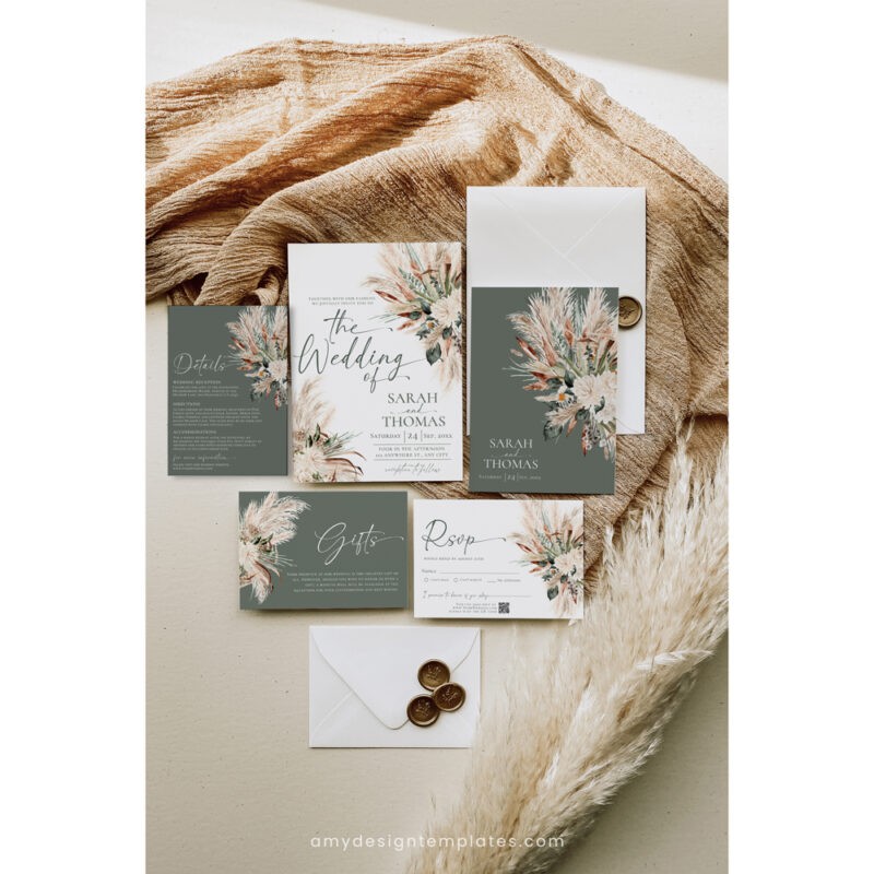 Elegant Sage Green Boho Wedding Invitation – Charming Rustic Wedding Suite E008 Boho sage green wedding invitation suite featuring pampas grass and dried flowers, with RSVP, detail, and wishing well cards, editable with QR code.