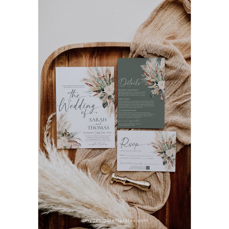 Elegant Sage Green Boho Wedding Invitation – Charming Rustic Wedding Suite E008 Boho sage green wedding invitation suite featuring pampas grass and dried flowers, with RSVP, detail, and wishing well cards, editable with QR code.