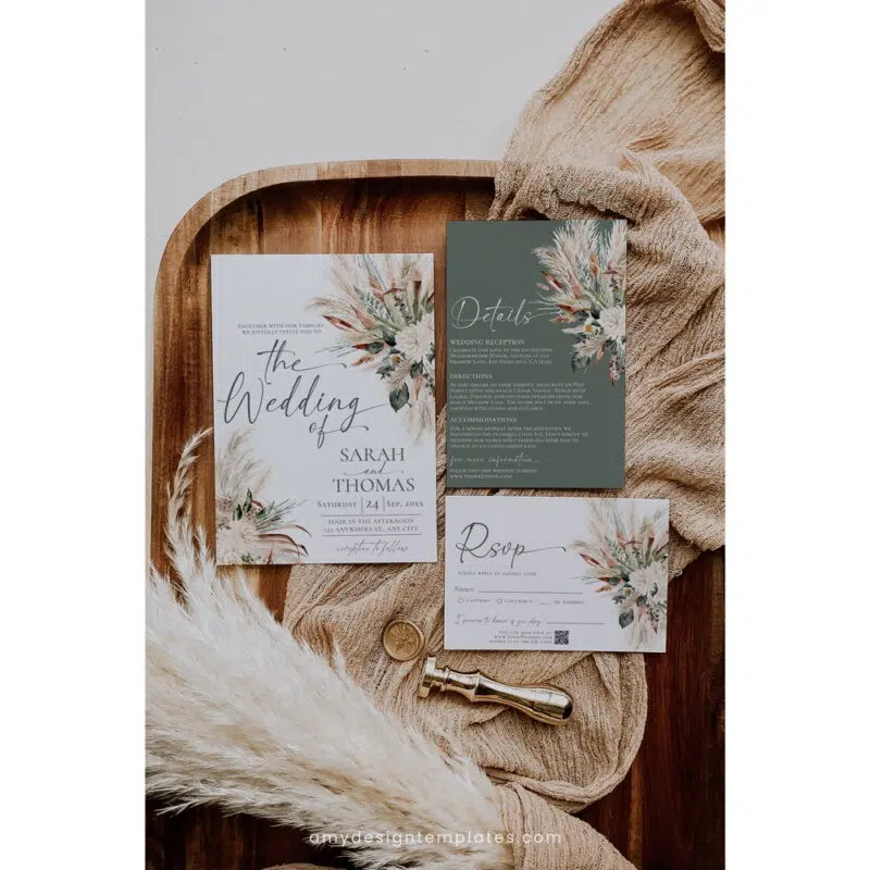 Boho sage green wedding invitation suite featuring pampas grass and dried flowers, with RSVP, detail, and wishing well cards, editable with QR code.