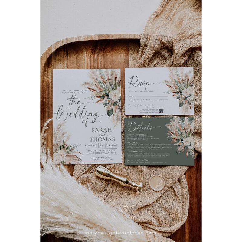 Elegant Sage Green Boho Wedding Invitation – Charming Rustic Wedding Suite E008 Boho sage green wedding invitation suite featuring pampas grass and dried flowers, with RSVP, detail, and wishing well cards, editable with QR code.