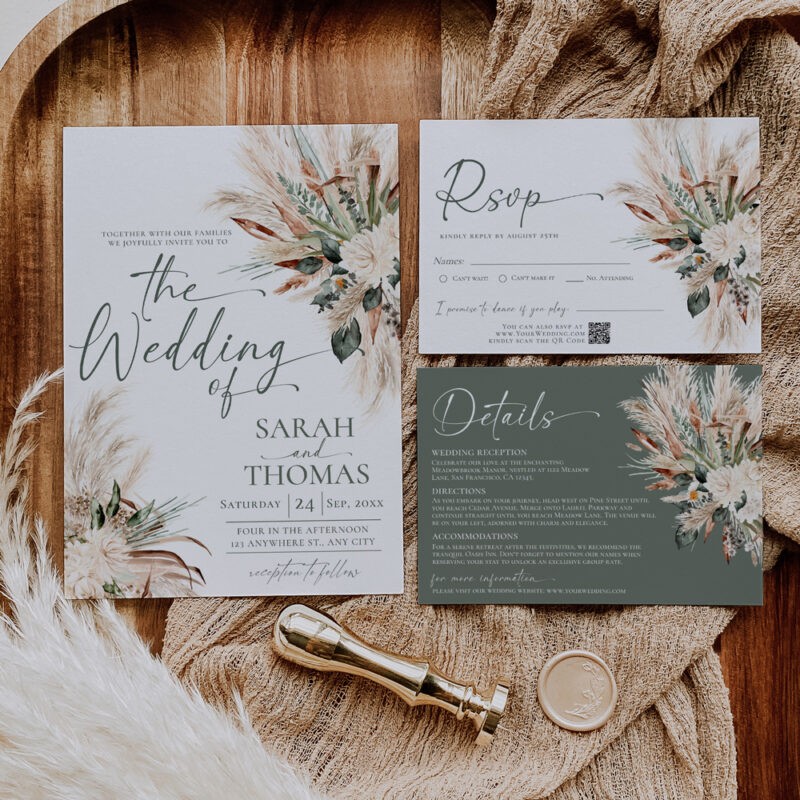 Elegant Sage Green Boho Wedding Invitation – Charming Rustic Wedding Suite E008 Boho sage green wedding invitation suite featuring pampas grass and dried flowers, with RSVP, detail, and wishing well cards, editable with QR code.