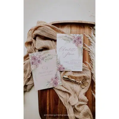 Boho dusty rose wedding invitation set with mauve roses, pampas grass, RSVP, enclosure and thank you card in pink, white, and sage green.
