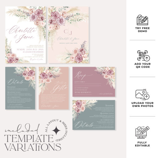 Boho Wedding Invitation Template | Dusty Roses & Sage Green