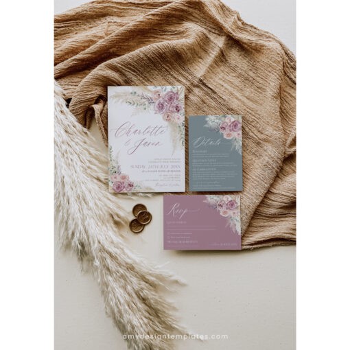 Boho Wedding Invitation Template | Dusty Roses & Sage Green