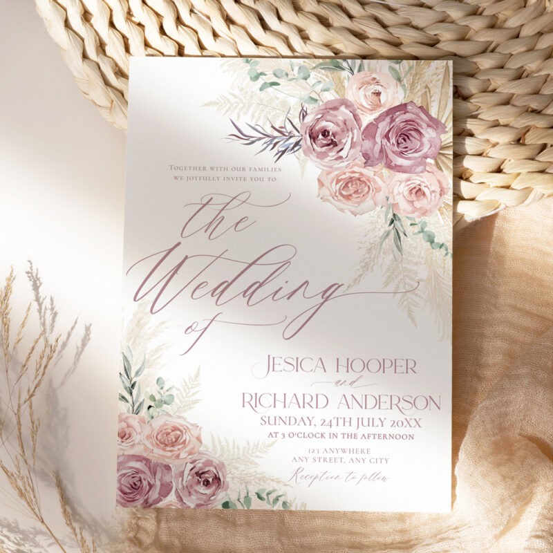 Blush Pink Wedding Invitation Template – Romantic Dusty Rose Boho Printable Boho dusty rose wedding invitation with blush pink roses, pampas grass, and white background. Rustic floral wedding card design.