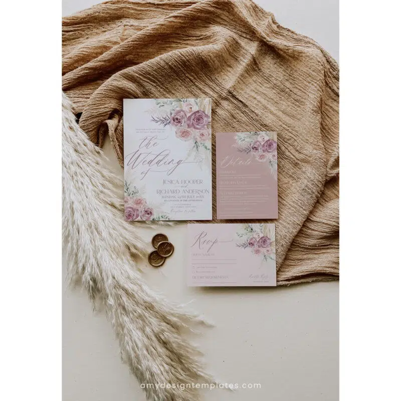 Boho dusty rose wedding invitation with blush pink roses, pampas grass, and white background. Rustic floral wedding card design.