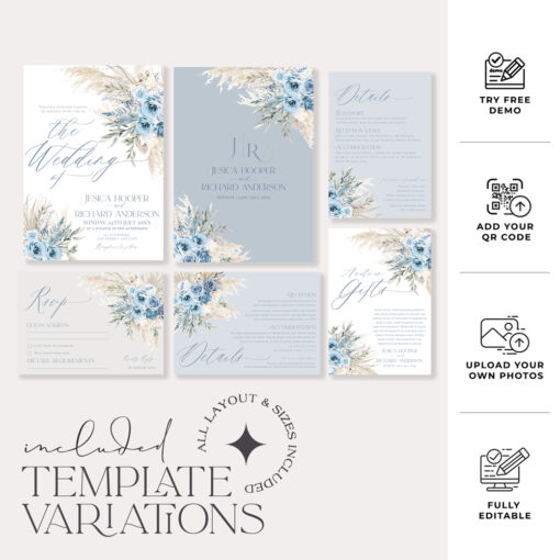 Dusty Blue Wedding Invitations Template