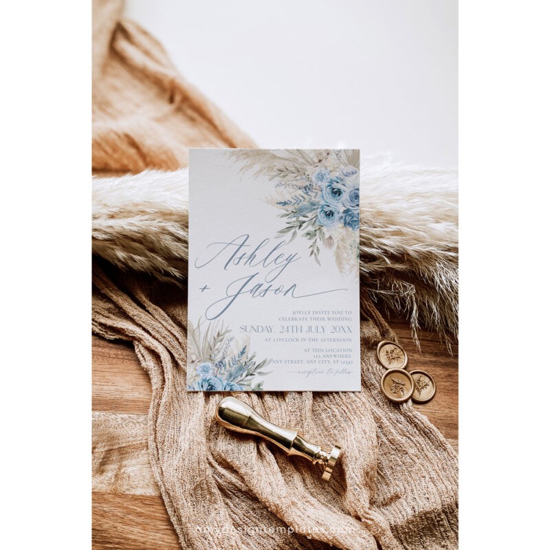 Dusty Blue Boho Wedding Invitation Template – Editable Wedding Suite Dusty blue boho wedding invitation with pampas grass, beige and blue flowers. Rustic floral printable card with neutral tones.