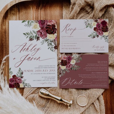Burgundy Wedding Invitation Template Boho burgundy wedding invitation template with maroon flowers, cream accents, and greenery. Bohemian Rustic printable card for fall weddings.