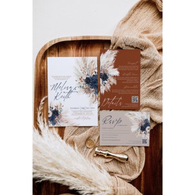 Boho Wedding Invitation - Elegant Navy Blue Terracotta Wedding Suite Boho wedding invitation template featuring elegant navy blue and terracotta color palette with modern floral elements. Editable and printable.