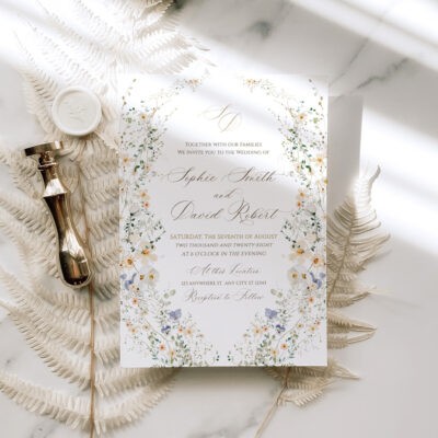 Charming Wildflower Wedding Invitation Template – Elegant Botanical Editable Design Wildflower wedding invitation suite template featuring colorful hand-drawn florals. Editable and printable for rustic or garden-themed weddings.