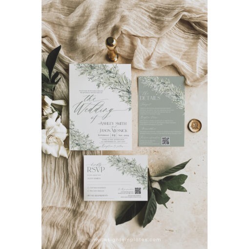 Sage Green Wedding Invitations Card Template