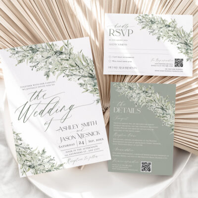 Sage Greenery Wedding Invitation Template with QR Code – Editable Suite Sage greenery wedding invitation template featuring elegant botanical leaves and soft green tones. Fully editable and printable.