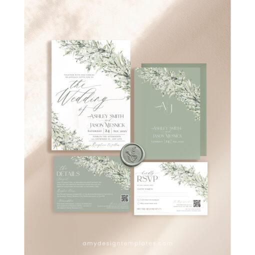 Sage Green Wedding Invitations Card Template