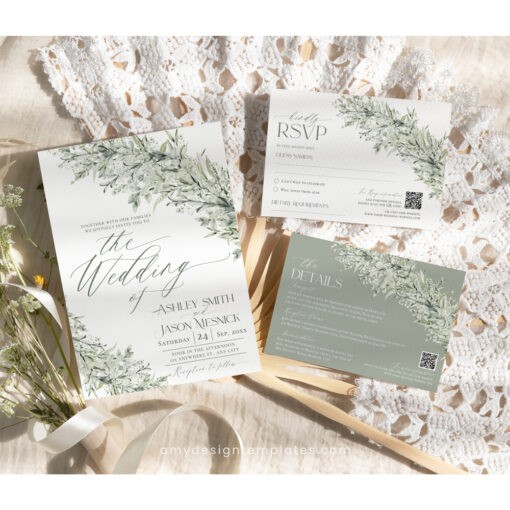 Sage Green Wedding Invitations Card Template