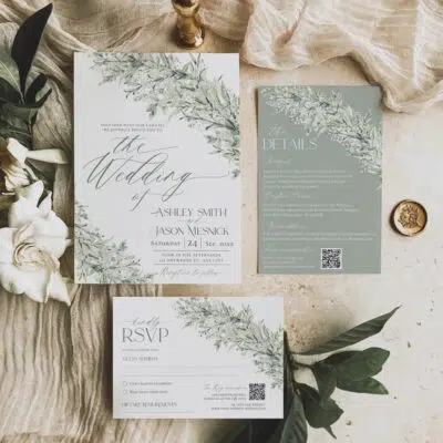 Sage greenery wedding invitation template featuring white and green tones, eucalyptus leaves, and baby white flowers. Fully editable and printable.