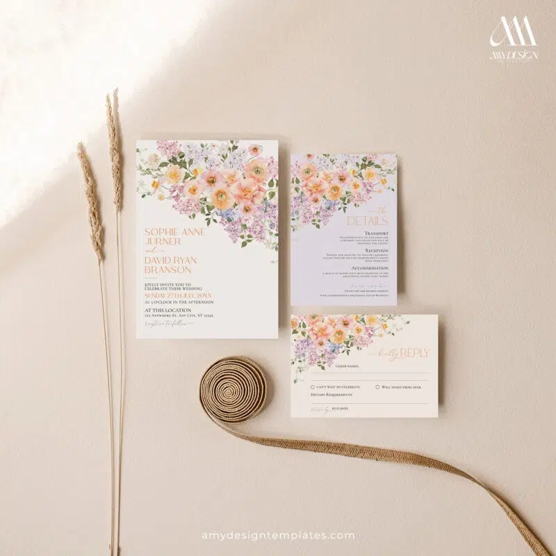 Colorful floral wedding invitation template featuring bright peach and purple watercolor flowers, modern typography, and printable layout.