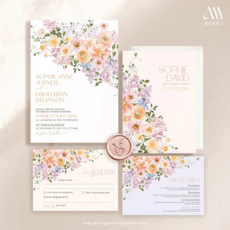Peach and purple wedding invitation template with soft watercolor florals, elegant fonts, and a modern editable layout for printing.