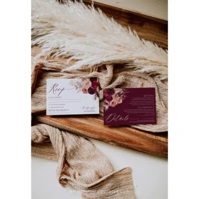 Boho burgundy wedding invitation with pampas grass and floral details, editable online and printable for rustic or fall weddings.