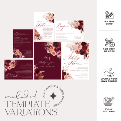 Elegant Burgundy Wedding Invitation Template – Romantic & Editable Design E041 Burgundy wedding invitation set featuring floral design, editable templates included for RSVP, details, and main invitation – printable and elegant.