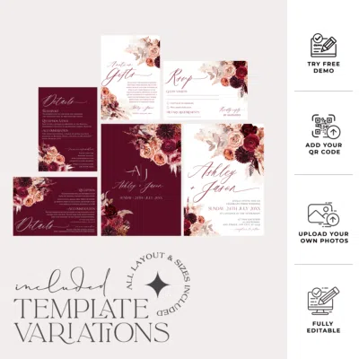 Burgundy wedding invitation set featuring floral design, editable templates included for RSVP, details, and main invitation – printable and elegant.