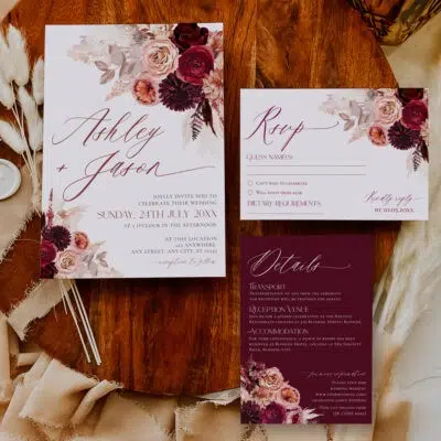Editable burgundy boho rustic wedding invitation with pampas grass, florals perfect for fall weddings.