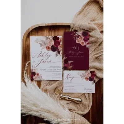 Editable burgundy wedding invitation with deep maroon floral bouquet, romantic design, and printable format for fall or winter weddings.
