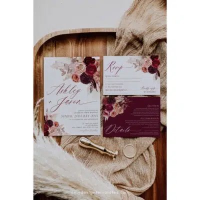 Editable maroon wedding invitation suite with burgundy floral accents, elegant layout, and printable format for fall or romantic weddings.