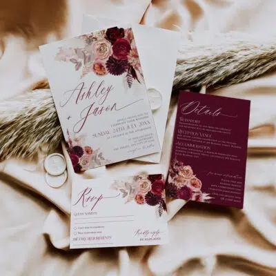 Editable maroon wedding invitation suite with burgundy floral design, elegant layout, and rustic romantic color tones – printable for weddings.