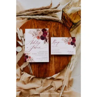 Burgundy and maroon wedding invitation suite in boho rustic style with pampas grass, floral design, and elegant typography – printable template.