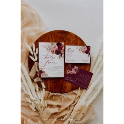 Burgundy wedding invitation template featuring romantic floral design, deep red tones, and elegant layout – editable and printable set.