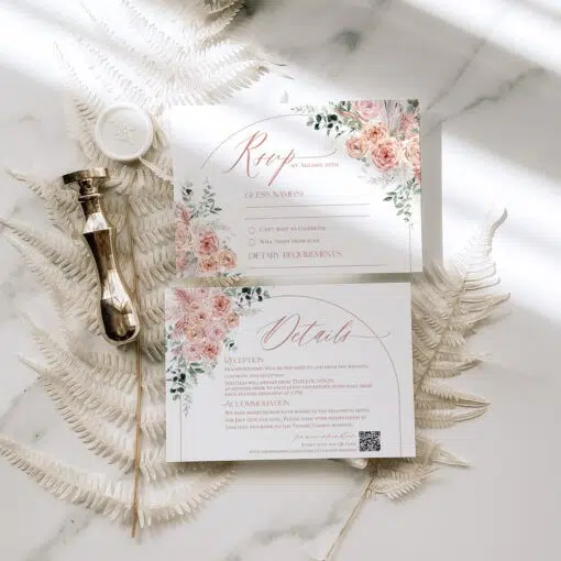 Editable dusty rose wedding invitation with soft pink florals, modern script fonts, and elegant layout – ideal for romantic weddings.