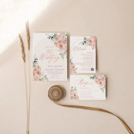 Boho arched wedding invitation template in soft pink, featuring eucalyptus greenery and dusty rose florals, editable in Corjl.