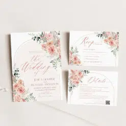 Pink Floral Wedding Invitation Suite Editable Template. Romantic pink floral wedding invitation suite featuring watercolor flowers and elegant typography, editable in Corjl for easy customization.