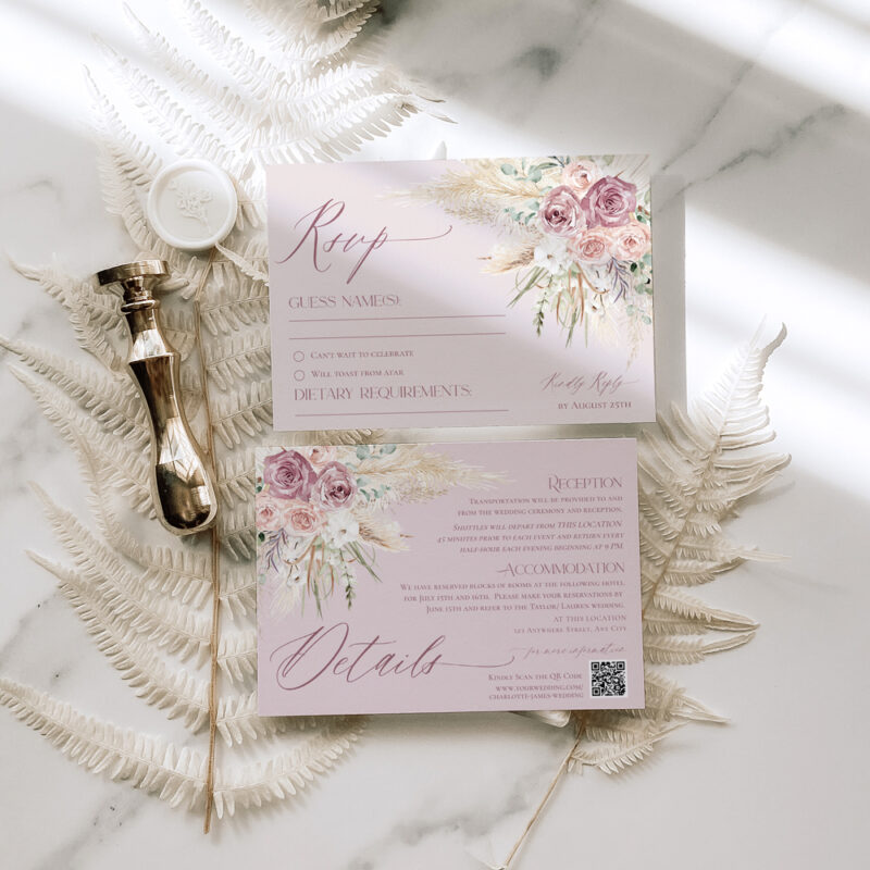 Boho pink wedding invitation with blush florals and minimalist calligraphy, editable Corjl template