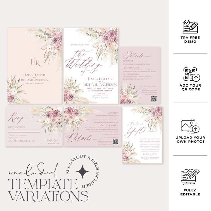 Blush pink floral wedding invitation suite with elegant roses, RSVP and details card, editable in Corjl