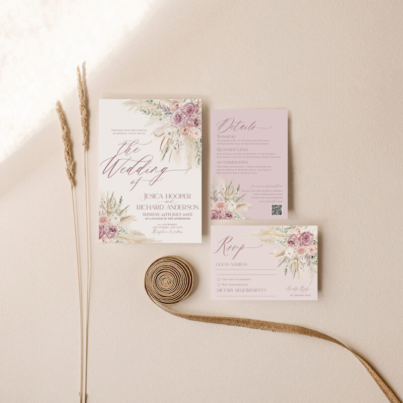 Boho pink wedding suite template with floral accents, RSVP and detail card, editable in Corjl