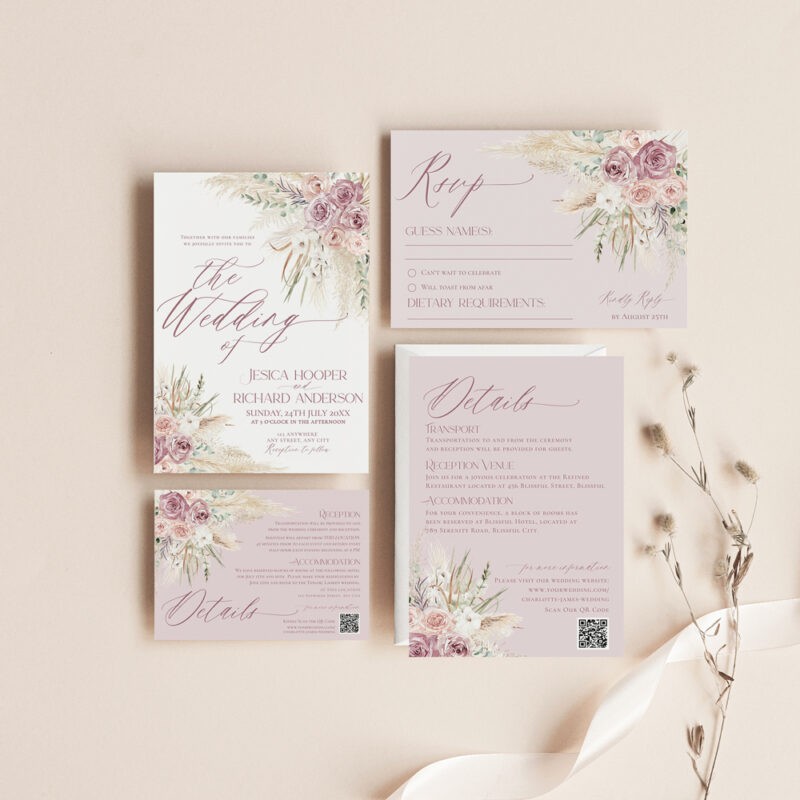 Editable floral wedding invitation suite with matching RSVP and detail card featuring blush pink and pampas grass elements
