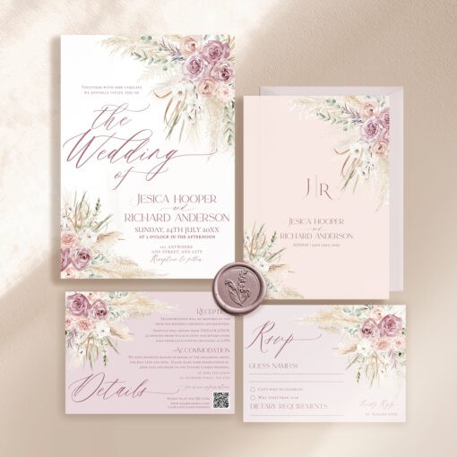 Pink Floral Wedding Invitation Card Template