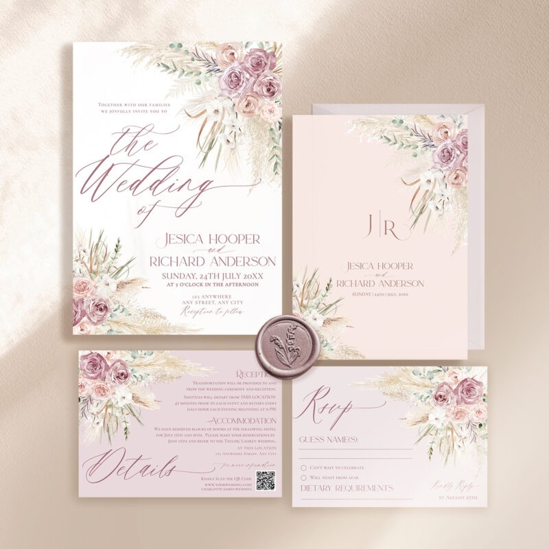 Boho-style pink floral wedding invitation with roses and ornate script font, fully editable