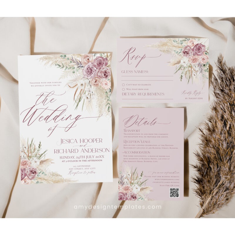 Modern pink floral invitation card with simple layout, minimal fonts, and blush watercolor flowers